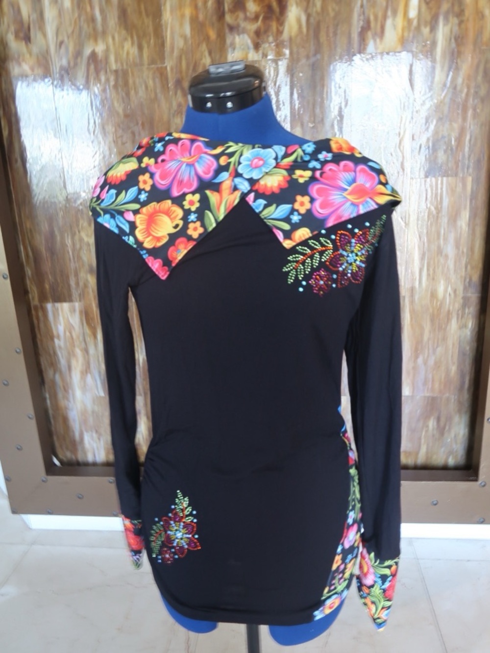Black Long Sleeve Tunic with Bright Floral Yoke and Embellishments